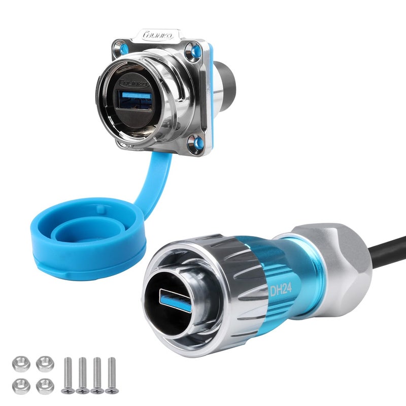 CNLINKO DH-24 USB 3.0 Connectors, Male Plug with 20 Inches Cable, Type A Female Metal Socket, Panel Mount Receptacles Socket, IP68 Waterproof Connector, M24 Signal Connectors (USB 3.0 Set) - Image 1